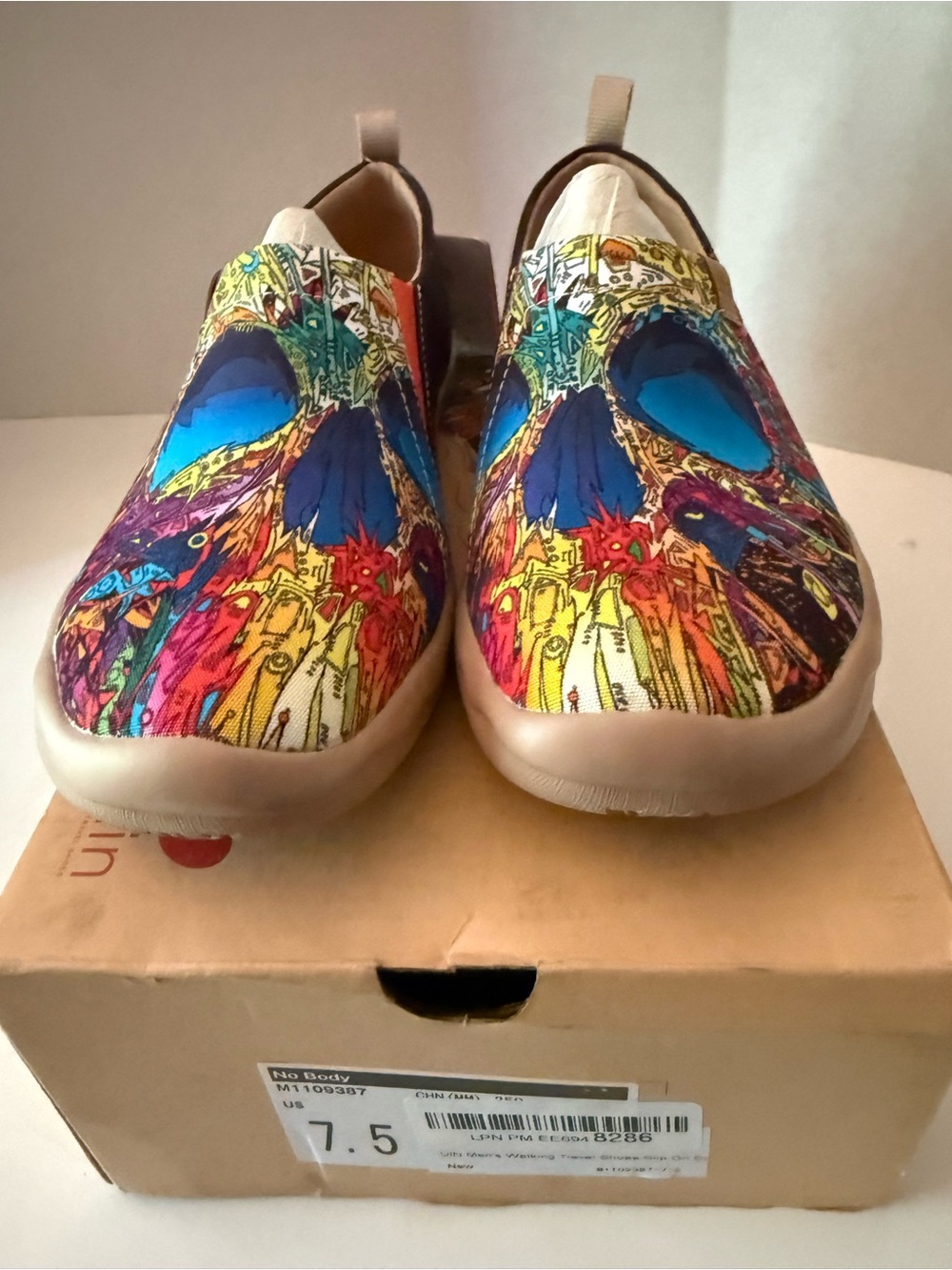 UIN NO BODY Men’s 7.5 Slip-On Sneakers in Blue, Yellow, Red, Purple NEW IN BOX